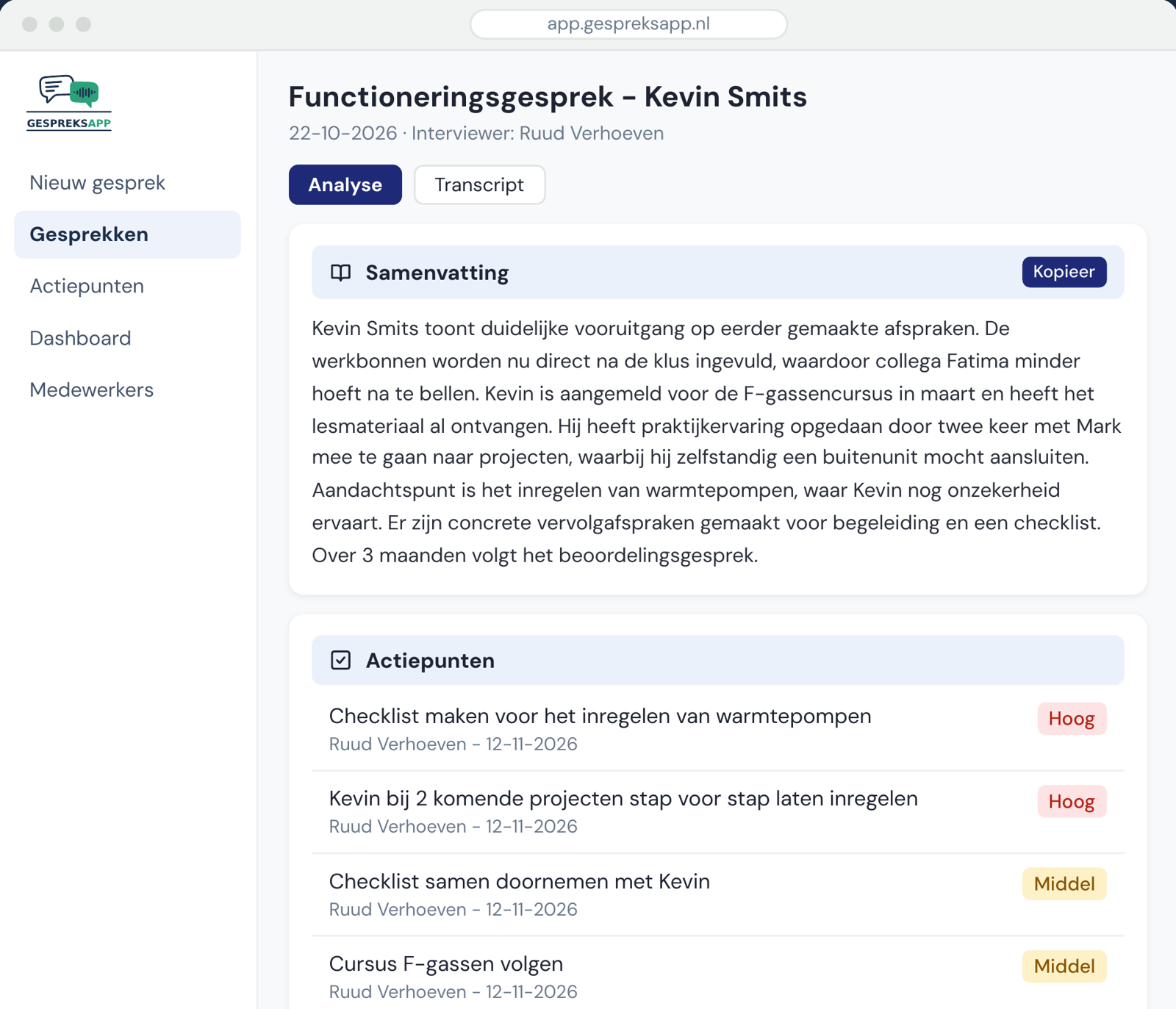 De Gespreksapp: verslag van een functioneringsgesprek met samenvatting en actiepunten