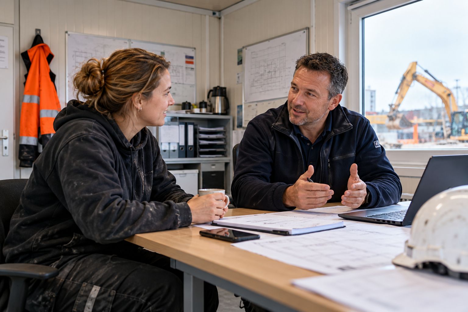 Leidinggevende en medewerker in gesprek aan een werktafel in een bouwkeet
